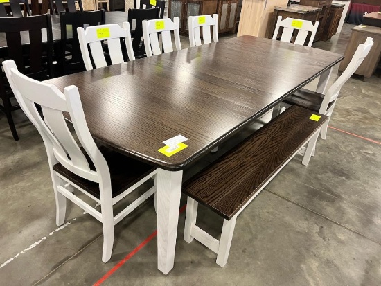 OAK DINING TABLE W 6 SIDE CHAIRS, 4 LEAVES, 5 FT BENCH SHADOW AND WHITE 44X60 IN
