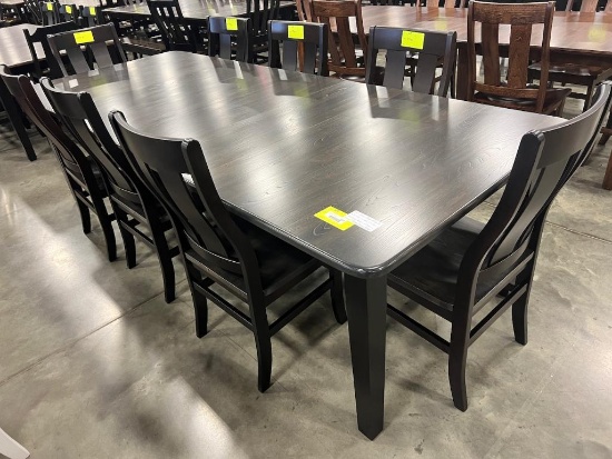 ELM AND MAPLE DINING TABLE W 8 SIDE CHAIRS, 4 LEAVES, GREY AND ONYX 44X60 IN