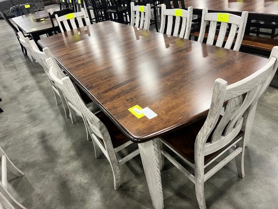 CHERRY AND OAK DINING TABLE W 8 SIDE CHAIRS, 4 LEAVES EARTHTONE/GREY 44X60 IN