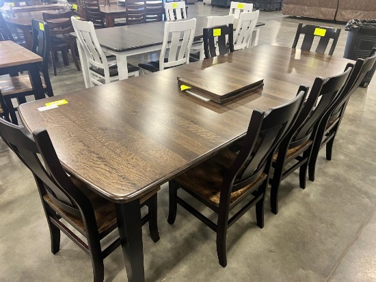 QSWO AND MAPLE DINING TABLE W 8 SIDE CHAIRS, 4 LEAVES SHADOW/ONYX 44X60 IN