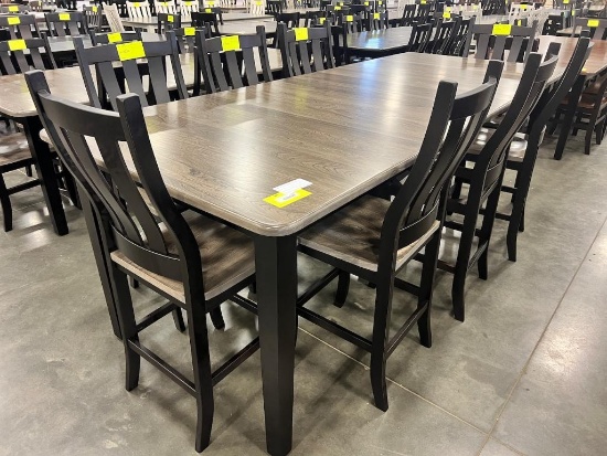 ELM AND MAPLE DINING PUB TABLEW 8 BAR CHAIRS, 4 LEAVES GREY/ONYX 44X60X36 IN