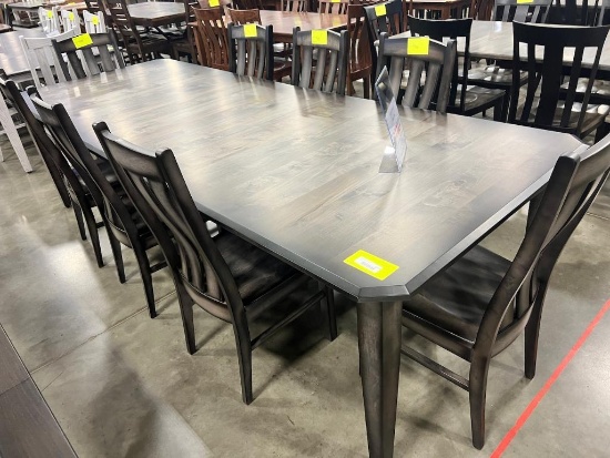 RUSTIC BROWN MAPLE DINING TABLE W 8 SIDE CHAIRS, 4 LEAVES, 66X44 IN