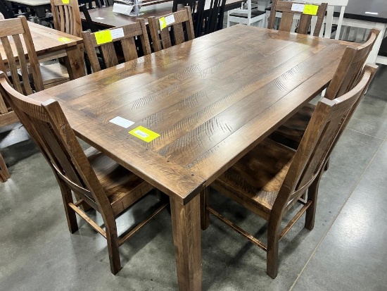 BROWN MAPLE WESTERN PLANK TABLE W 6 SIDE CHAIRS, 42X72 IN