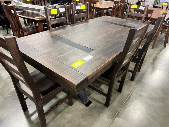 BROWN MAPLE DINING TABLE W METAL BASE W 6 SIDE CHAIRS 42X84 IN