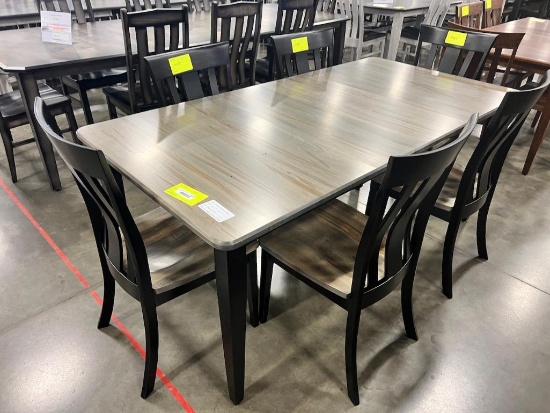 CHERRY AND WORMY MAPLE DINING TABLE W 6 SIDE CHAIRS, 2 LEAVES 36X48 IN