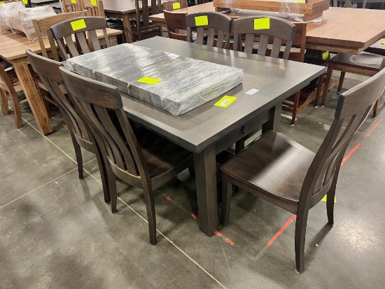RUSTIC CHERRY DINING TABLE W 6 SIDE CHAIRS 2 LEAVES ANTIQUE SLATE 40X58 IN
