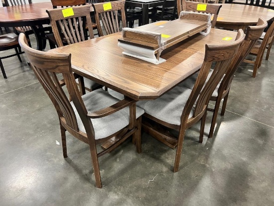 OAK DOUBLE PEDESTAL TABLE W 2 ARM CHAIRS, 4 SIDE CHAIRS, 2 LEAVES, CAPPUCCINO 42X66 IN