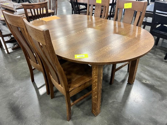 QSWO DINING TABLE W 4 SIDE CHAIRS, 2 LEAVES ALMOND 48 IN ROUND