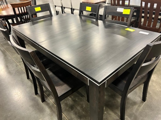 BROWN MAPLE EXTENSION TABLEW 6 SIDE CHAIRS CHARCOAL 44X72 IN