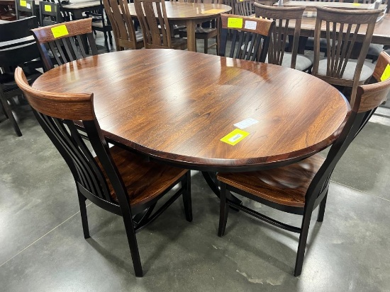ELM AND BROWN MAPLE DINING TABLE W 4 SIDE CHAIRS, 2 LEAVES MICHAELS/ONYX 48 IN ROUND