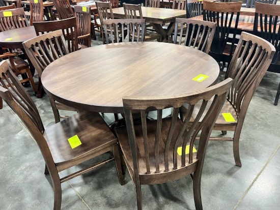 BROWN MAPLE DINING TABLE W 6 SIDE CHAIRS 54 IN ROUND