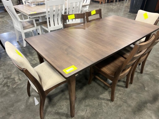 BROWN MAPLE DINING TABLE W 2 UPHOLSTERED SIDE CHAIRS, 4 SIDE CHAIRS, 2 LEAVES 36X48 IN