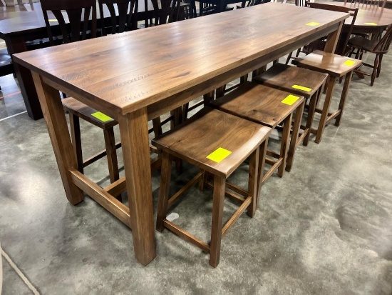 RUSTIC HICKORY PUB TABLE W 8 BARSTOOLS, 30X96 IN