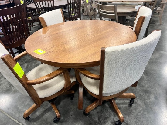 HICKORY DINING TABLE W 4 SWIVEL UPHOLSTERED CHAIRS, 48 IN ROUND