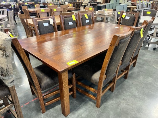 RUSTIC QSWO WESTERN PLANK DINING TABLE W 8 SIDE CHAIRS, 90X48 IN