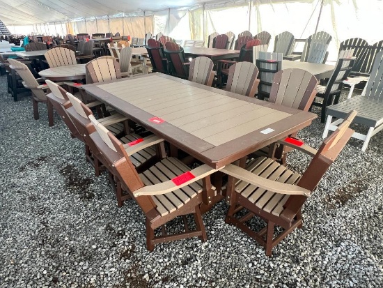 2 TONE BROWN POLY TABLE SET W/8 SWIVEL CHAIRS