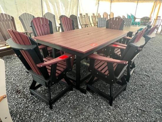 MAROON/BLACK POLY TABLE SET W/6 SWIVEL CHAIRS