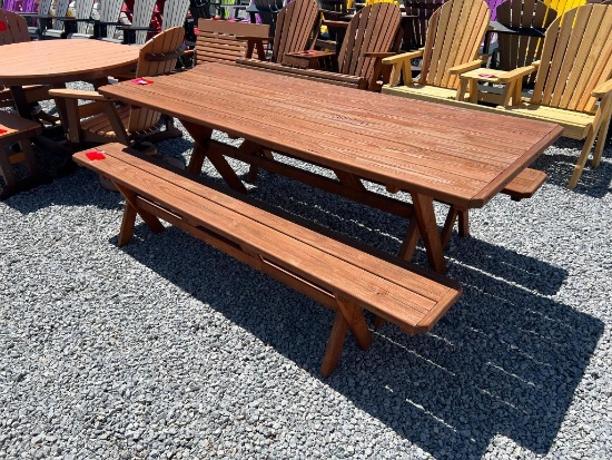 WOODEN PICNIC TABLE W/2 BENCHES
