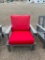 GREY ADIRONDACK CHAIR W/NEW RED CUSHIONS