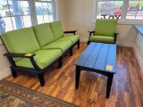 BL POLY/GREEN CUSHION 3 PC SET COUCH & ROCKING SWIVEL CHAIR & COFFEE TABLE
