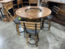 HICKORY BARREL PUB TABLE W/4 SWIVEL STOOLS NATURAL BURNT 48ROUND