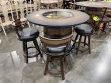 HICKORY BARREL TABLE W/4 SWIVEL BAR STOOLS BURNISHED 48ROUND