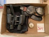 Binoculars, goggles, pocket watch