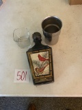 Jim Bean decanter (empty), jack daniels glass, stell atrois metal cup