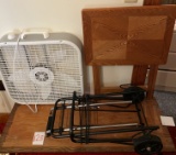 Box fan, cart, fold up tv dinner tray