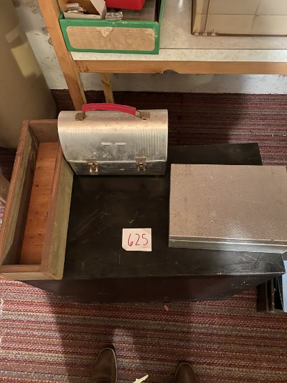Old lunch box, metal box, wood box