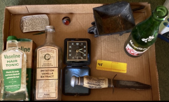 Cast Iron wheel barrow, Mountain Dew Bottle,old medicine bottles,