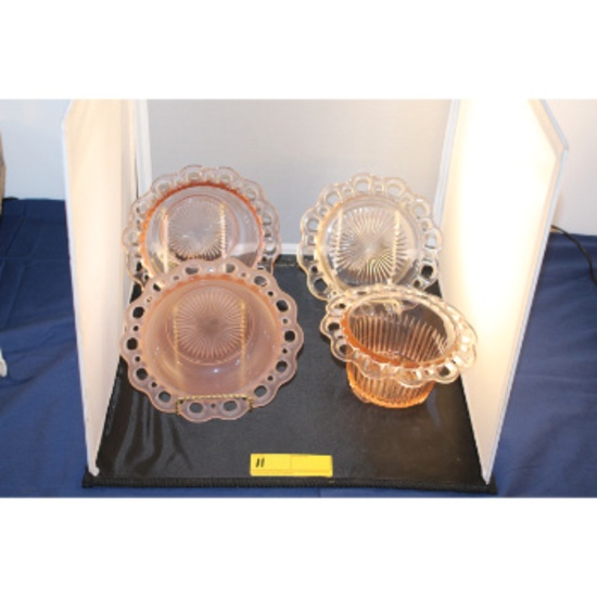 Pink Depression Glass "Open Lace"