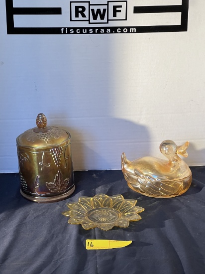 Carnival Glass Lidded Jar, Duck & Yellow Depression Glass Plate
