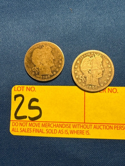 1899 & 1908 Barber Silver Quarters