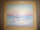 OIl on canvas. Signed. Woman at beach. Approximately 30