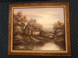 Oil on Canvas Cottage and Bridge - Signed
