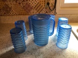 Blue pitcher and 6 cups
