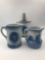 Three blue Salt Lake stoneware pitchers