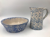 Blue and white spongeware bowl and pitcher