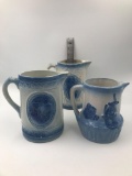 Three blue Salt Lake stoneware pitchers