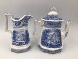 Blue transfer pitcher and teapot