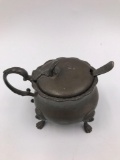 Pewter Mustard Pot with Blue Glass Insert and spoon