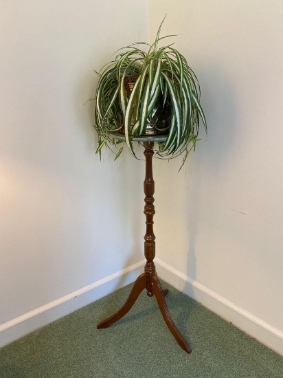 Tall wood and marble top plant stand with silk plant