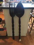 Vintage large carved wooden fork and spoon