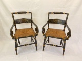 Pair of Handpainted Hitchcock Chairs with Rush Seat and Arms