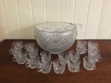 Large Glass Punch Bowl with Ladle & 18 Punch Glasses