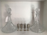 2 Pressed Glass Captains Decanters & 4 Sterling Silver Overlay Cordial Glasses