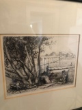 Etching of River and Bridge