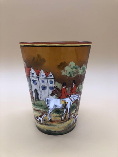 Slovakia Amber Glass with Painted Hunt Scene