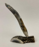 Carved Antler Pen with Wolf and Bear